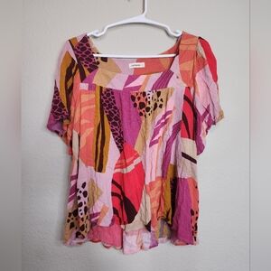 Abstract Printed Short Sleeve Flowy Blouse Top Size Small